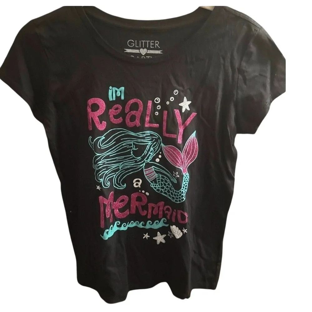Glitter‎ Party Girls XL 14/16 Black Im Really a Mermaid Short Sleeve Graphic Tee